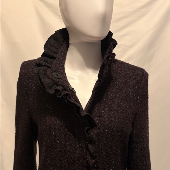 DKNY Dark Purple Tweed Wool Ruffle Coat – Cabernet – Size 6 - Picture 2 of 6